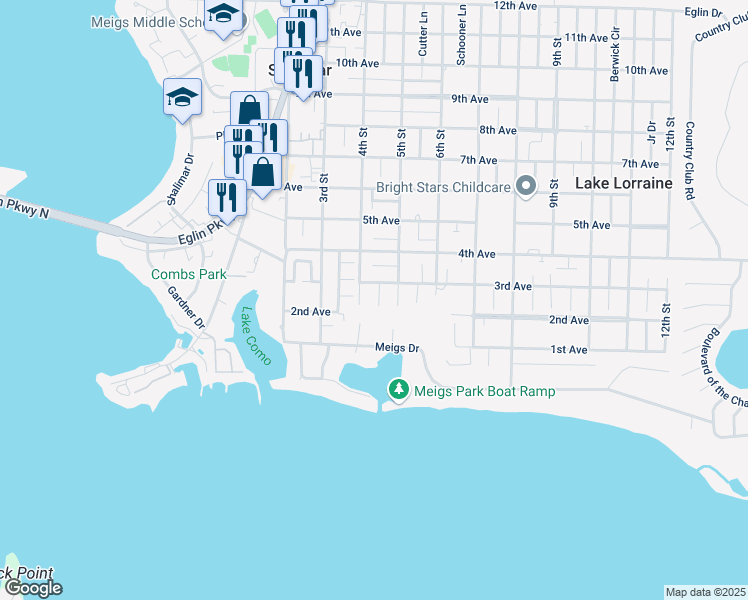 map of restaurants, bars, coffee shops, grocery stores, and more near 11 Handolin Lane in Shalimar