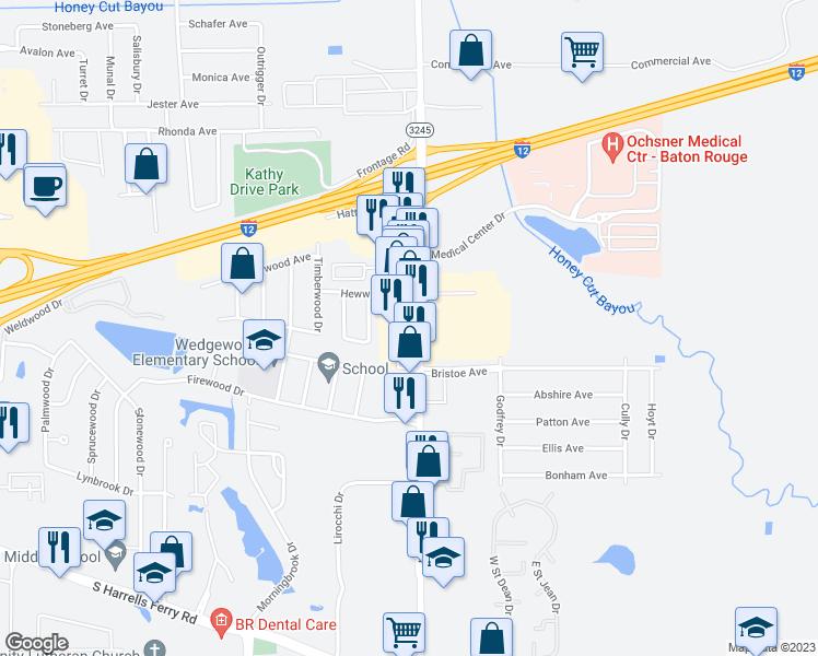 map of restaurants, bars, coffee shops, grocery stores, and more near 2240 O'Neal Lane in Baton Rouge