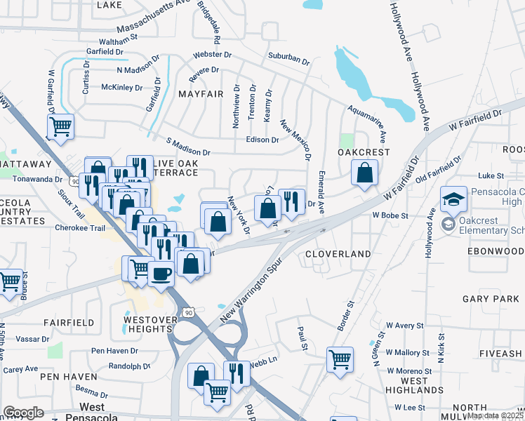 map of restaurants, bars, coffee shops, grocery stores, and more near 211 Tennessee Drive in Pensacola