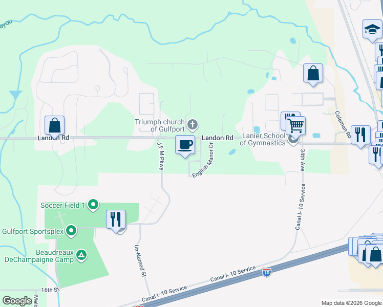 map of restaurants, bars, coffee shops, grocery stores, and more near 10214 English Manor Drive in Gulfport