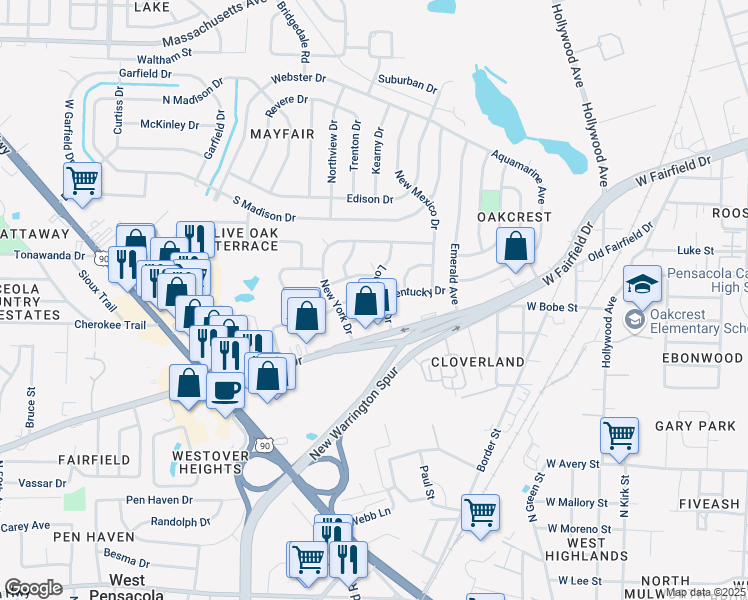 map of restaurants, bars, coffee shops, grocery stores, and more near 213 Tennessee Drive in Pensacola