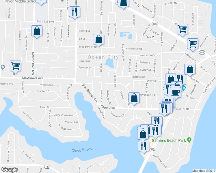 map of restaurants, bars, coffee shops, grocery stores, and more near 127 Wellington Road in Fort Walton Beach