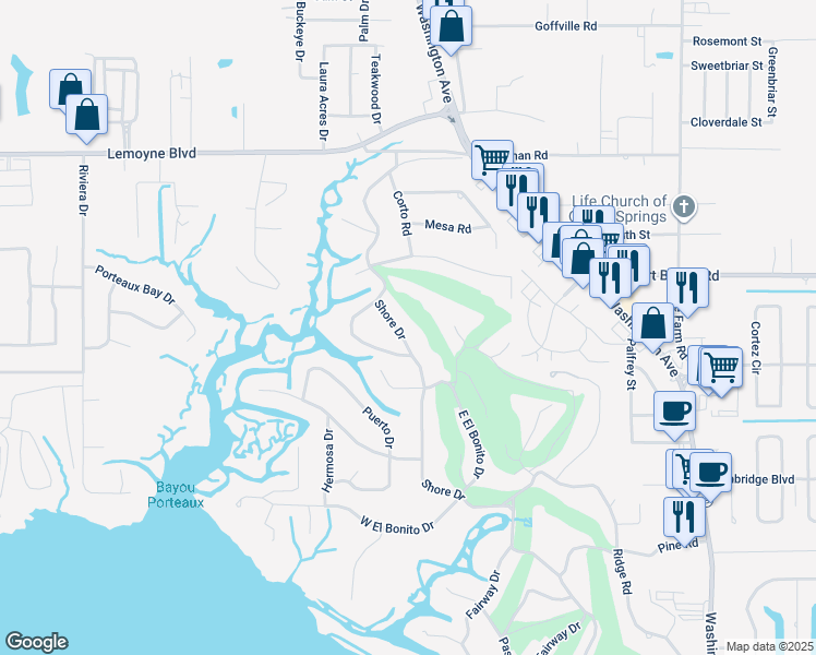 map of restaurants, bars, coffee shops, grocery stores, and more near 13717 Docena Circle in Ocean Springs