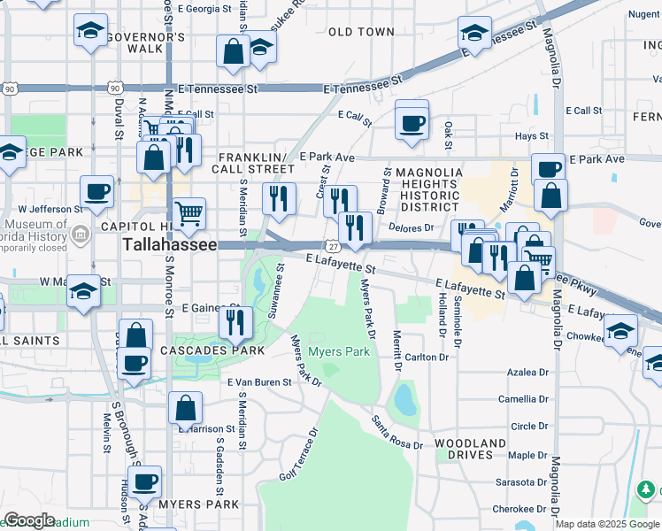 map of restaurants, bars, coffee shops, grocery stores, and more near 713 East Lafayette Street in Tallahassee