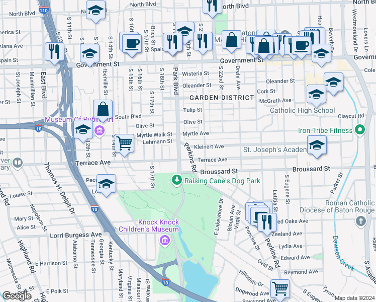 map of restaurants, bars, coffee shops, grocery stores, and more near 1107 Park Boulevard in Baton Rouge