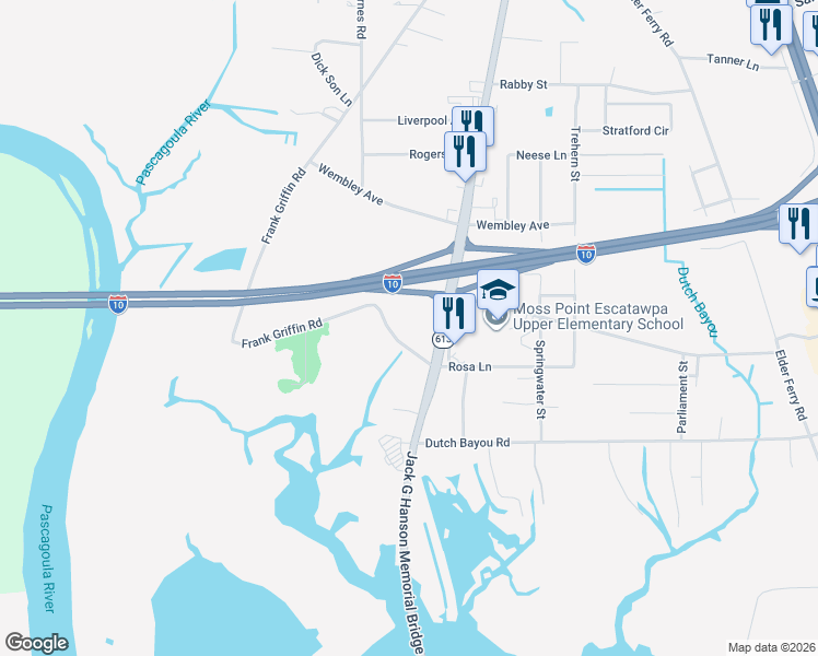 map of restaurants, bars, coffee shops, grocery stores, and more near 3879-3925 Greenwich Avenue in Moss Point
