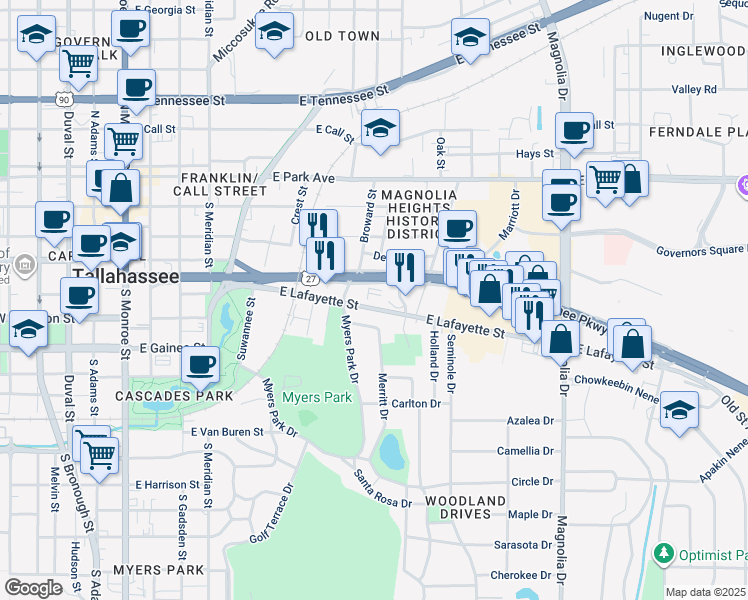 map of restaurants, bars, coffee shops, grocery stores, and more near 836 East Lafayette Street in Tallahassee