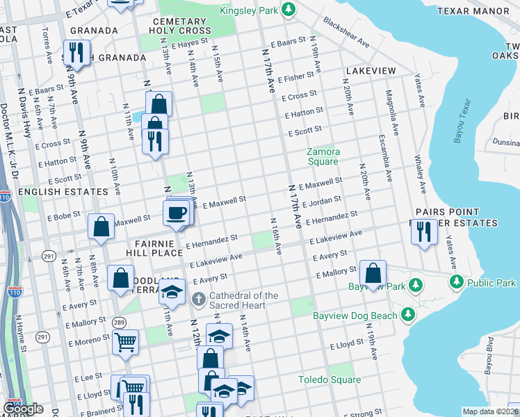 map of restaurants, bars, coffee shops, grocery stores, and more near 1601 East Maxwell Street in Pensacola