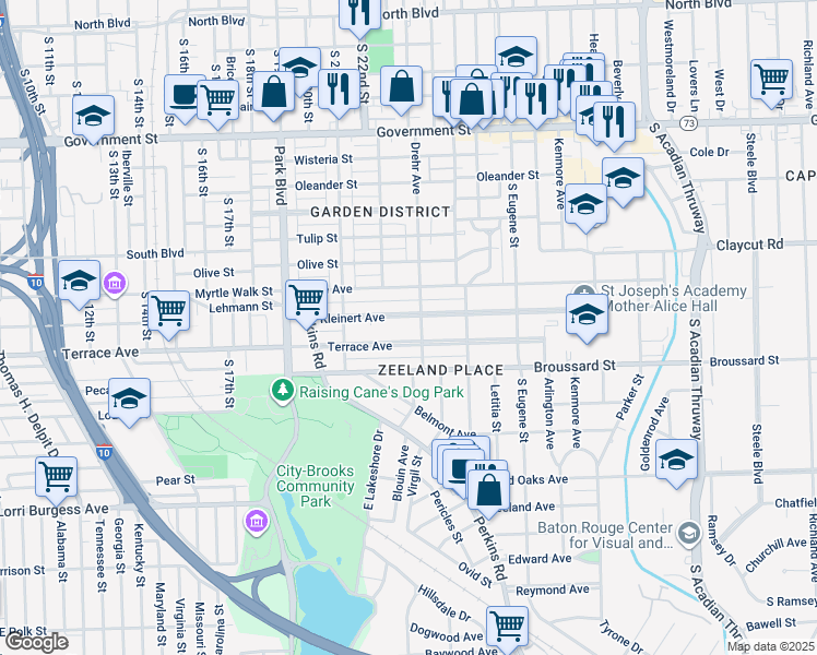 map of restaurants, bars, coffee shops, grocery stores, and more near 2250 Kleinert Avenue in Baton Rouge