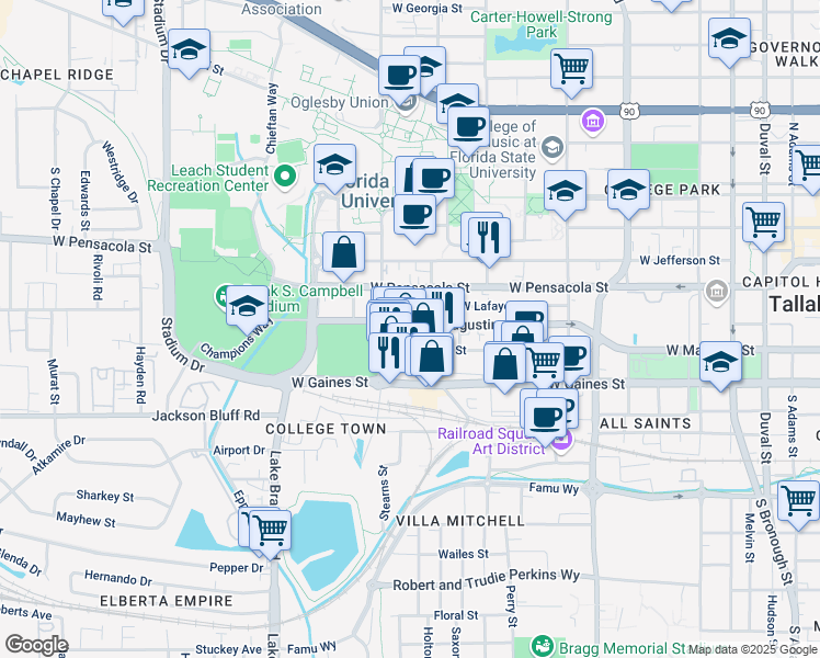 map of restaurants, bars, coffee shops, grocery stores, and more near 818 Saint Augustine Street in Tallahassee