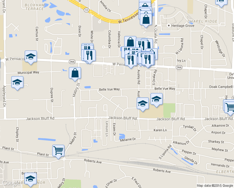 map of restaurants, bars, coffee shops, grocery stores, and more near 2207 Belle Vue Way in Tallahassee