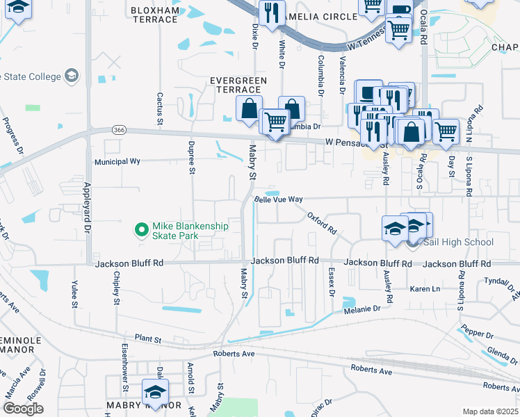 map of restaurants, bars, coffee shops, grocery stores, and more near 333 Mabry Street in Tallahassee