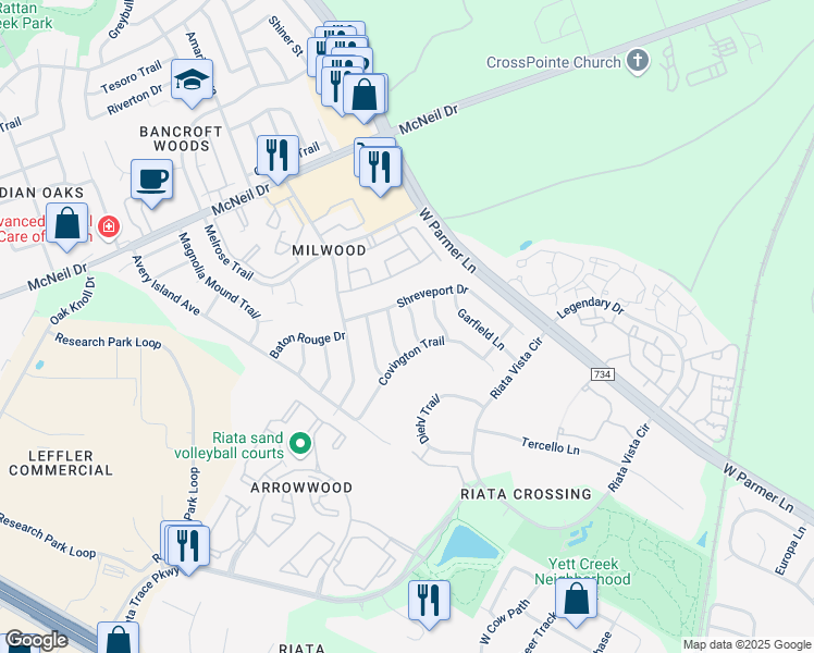 map of restaurants, bars, coffee shops, grocery stores, and more near 12917 Quinn Trail in Austin