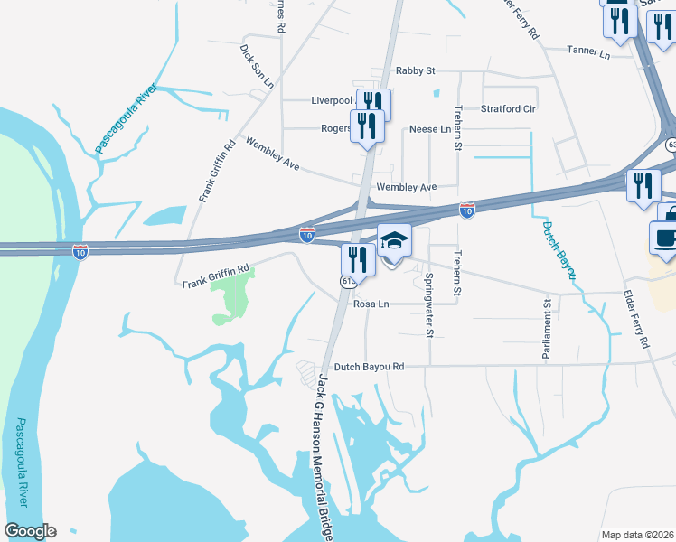 map of restaurants, bars, coffee shops, grocery stores, and more near Highway 613 in Moss Point