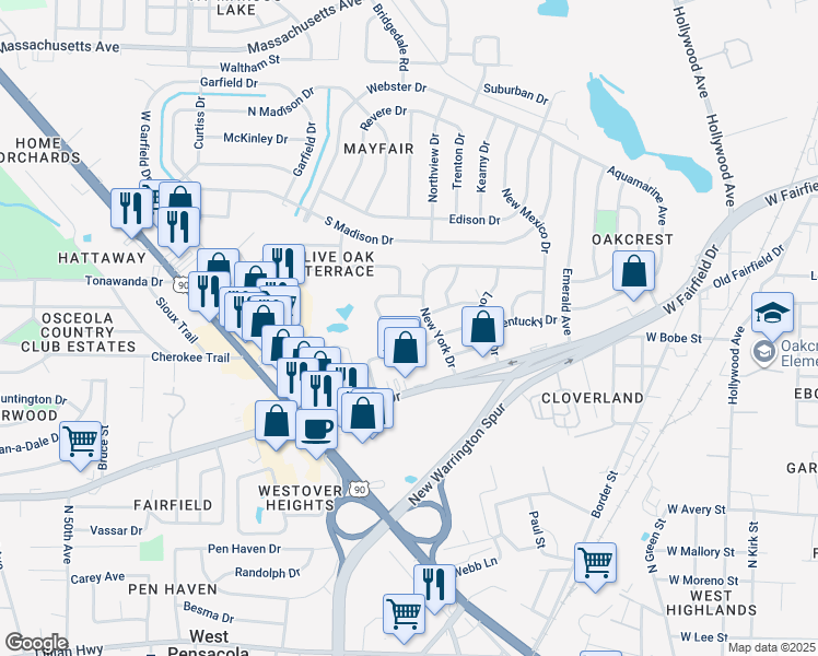 map of restaurants, bars, coffee shops, grocery stores, and more near 105 Georgia Drive in Pensacola