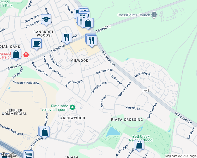 map of restaurants, bars, coffee shops, grocery stores, and more near 12917 Quinn Trail in Austin