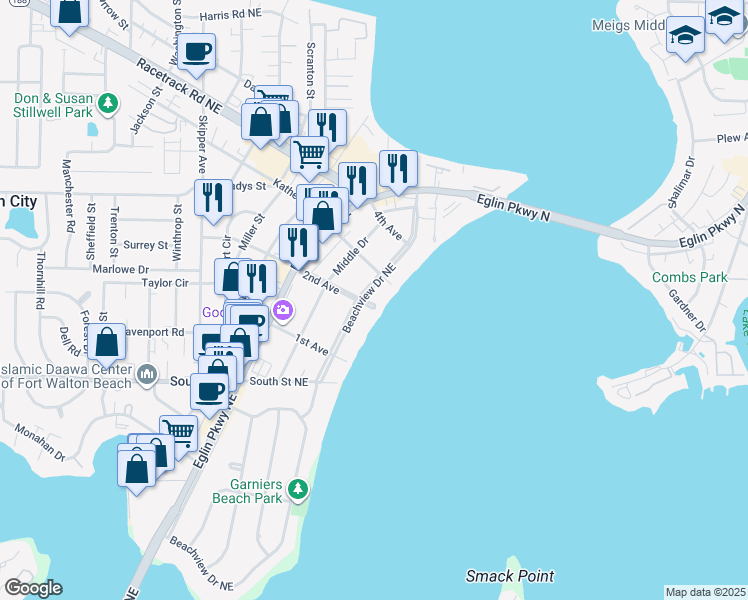 map of restaurants, bars, coffee shops, grocery stores, and more near 1001 Beachview Drive Northeast in Fort Walton Beach