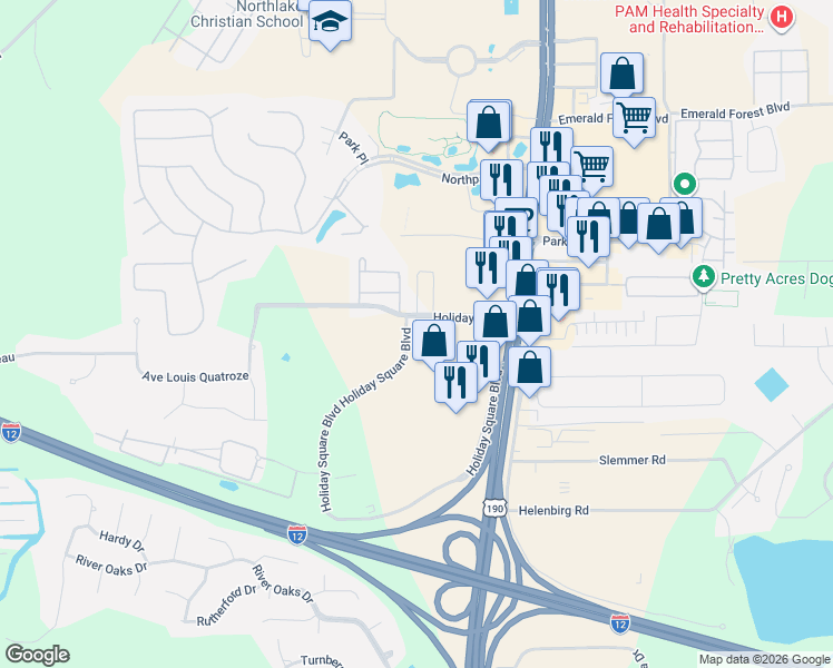 map of restaurants, bars, coffee shops, grocery stores, and more near 205 Holiday Boulevard in Covington