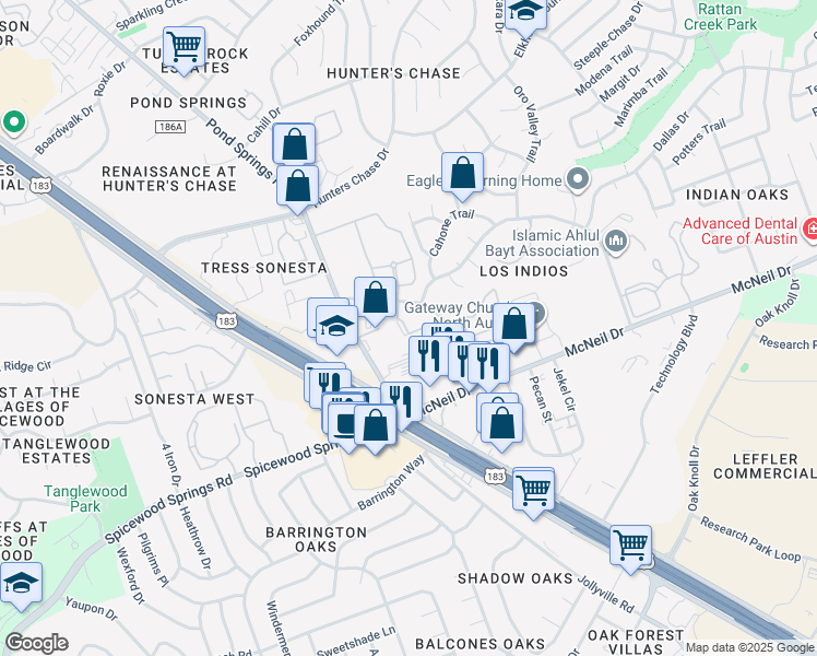 map of restaurants, bars, coffee shops, grocery stores, and more near 7905 San Felipe Boulevard in Austin