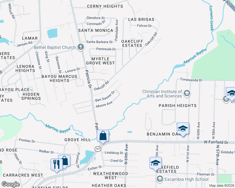 map of restaurants, bars, coffee shops, grocery stores, and more near 7040 Moore Avenue in Pensacola
