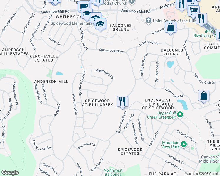map of restaurants, bars, coffee shops, grocery stores, and more near 11115 Orsini Place in Austin