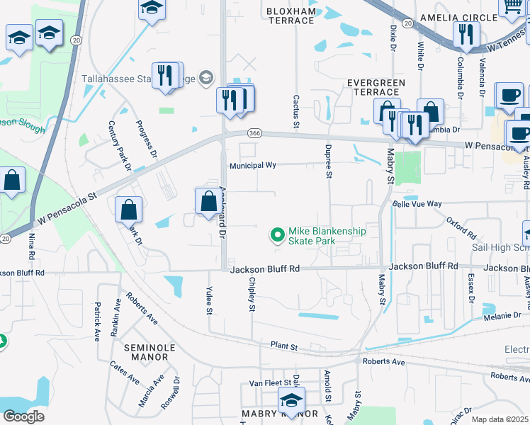map of restaurants, bars, coffee shops, grocery stores, and more near 535 Appleyard Drive in Tallahassee