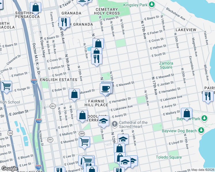 map of restaurants, bars, coffee shops, grocery stores, and more near in Pensacola