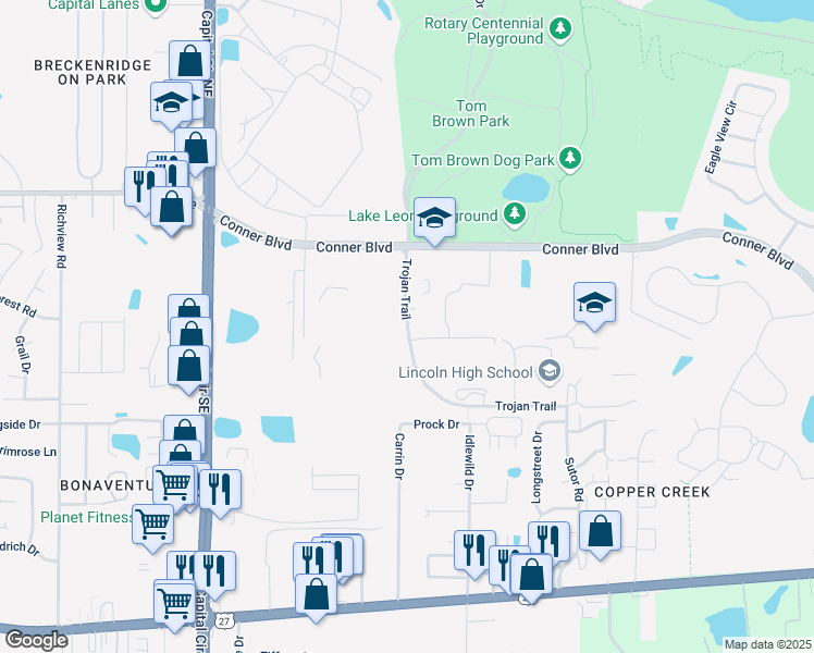 map of restaurants, bars, coffee shops, grocery stores, and more near 283 Trojan Trail in Tallahassee