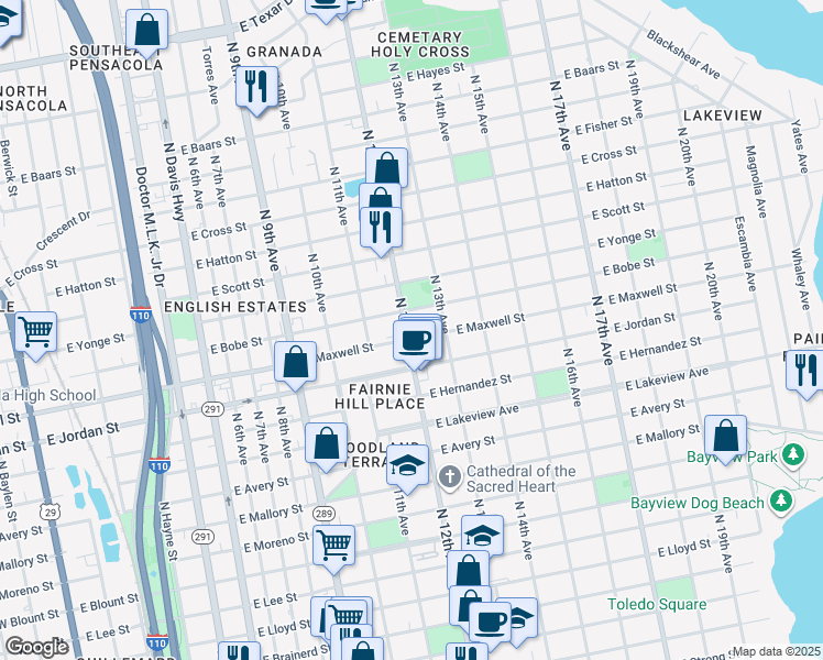 map of restaurants, bars, coffee shops, grocery stores, and more near 1200 East Maxwell Street in Pensacola