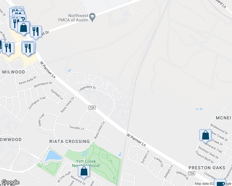 map of restaurants, bars, coffee shops, grocery stores, and more near 13201 Legendary Drive in Austin