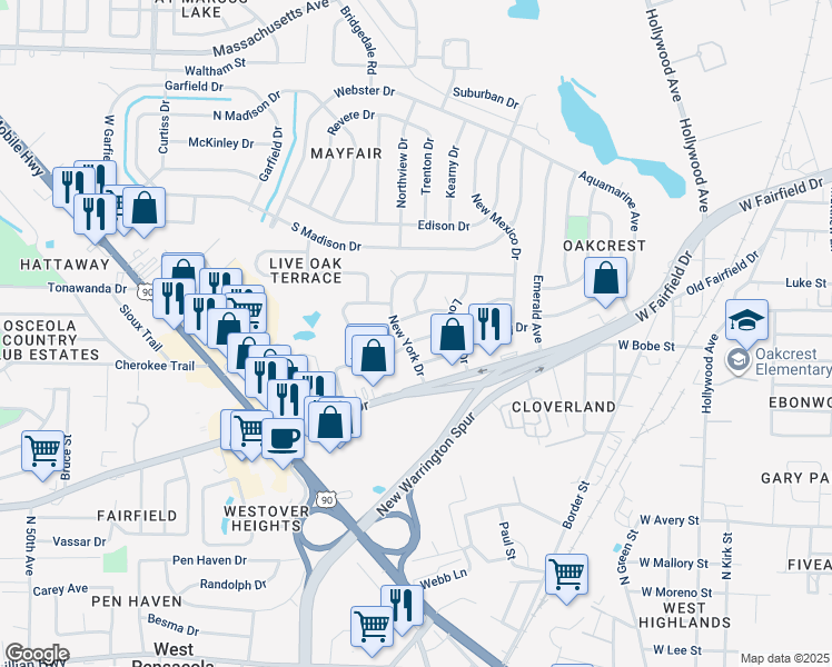 map of restaurants, bars, coffee shops, grocery stores, and more near 200 Tennessee Drive in Pensacola