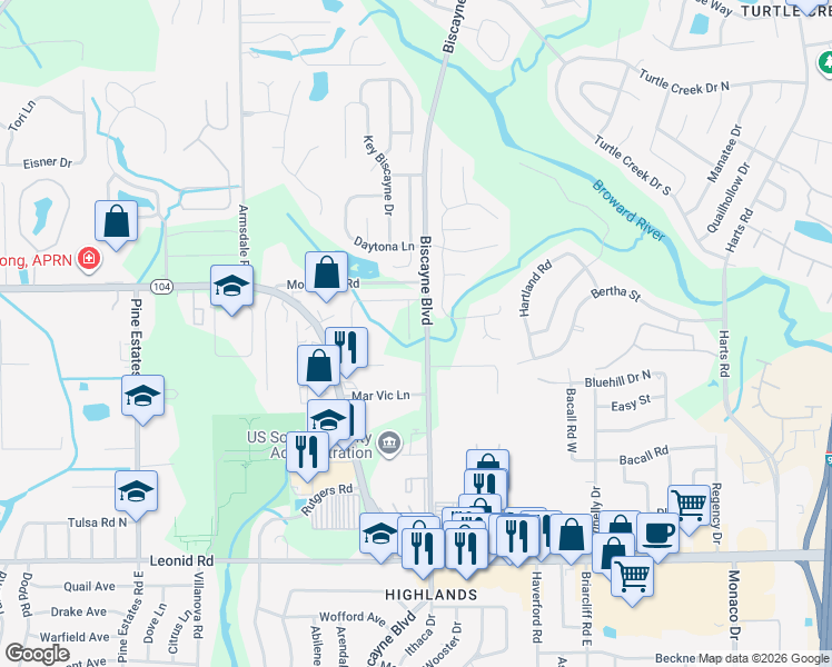 map of restaurants, bars, coffee shops, grocery stores, and more near 11177 Gwen Lane in Jacksonville