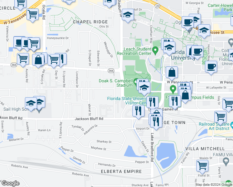 map of restaurants, bars, coffee shops, grocery stores, and more near in Tallahassee