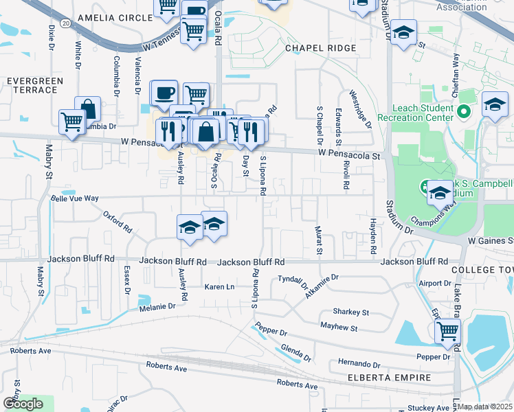 map of restaurants, bars, coffee shops, grocery stores, and more near 9 Day Street in Tallahassee