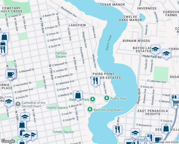 map of restaurants, bars, coffee shops, grocery stores, and more near 2011 Whaley Avenue in Pensacola