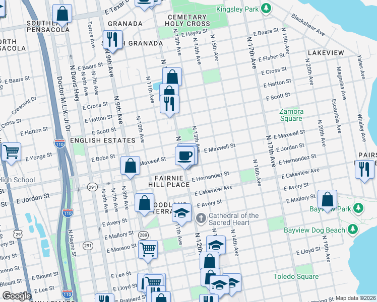 map of restaurants, bars, coffee shops, grocery stores, and more near in Pensacola