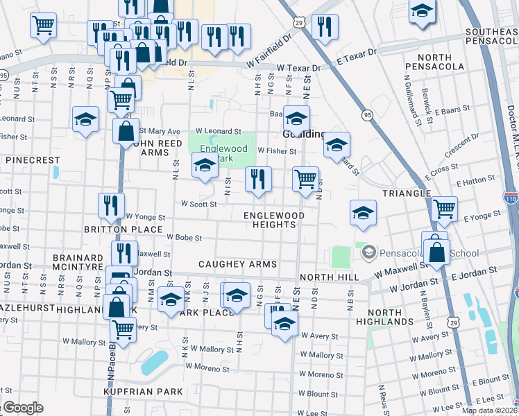 map of restaurants, bars, coffee shops, grocery stores, and more near 2510 North G Street in Pensacola