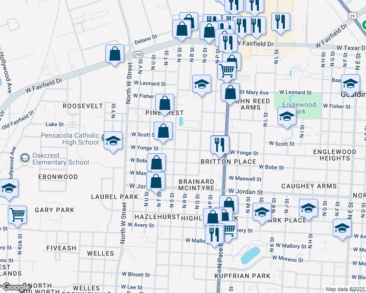 map of restaurants, bars, coffee shops, grocery stores, and more near 2412 North S Street in Pensacola