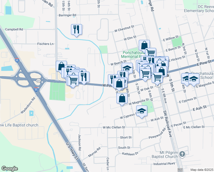 map of restaurants, bars, coffee shops, grocery stores, and more near 510 West Pine Street in Ponchatoula