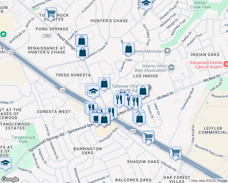 map of restaurants, bars, coffee shops, grocery stores, and more near 7905 San Felipe Boulevard in Austin