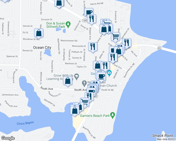 map of restaurants, bars, coffee shops, grocery stores, and more near 28 Woodham Avenue in Fort Walton Beach