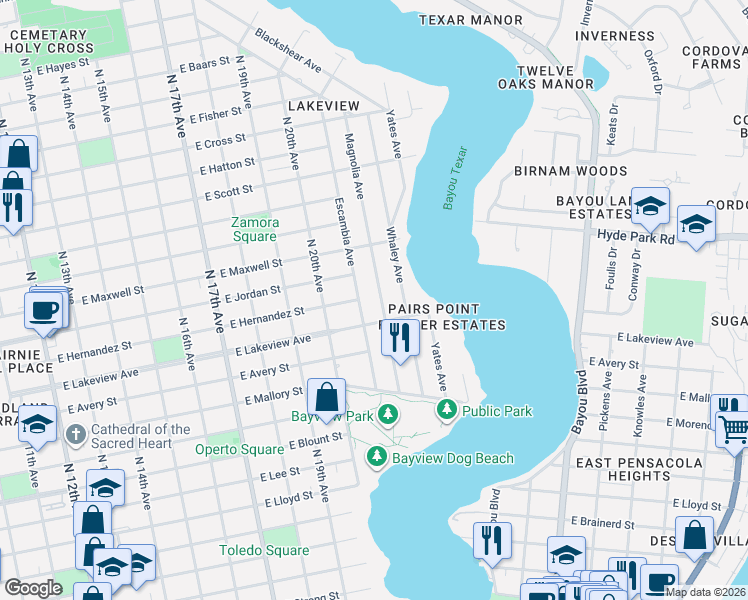 map of restaurants, bars, coffee shops, grocery stores, and more near 2011 Whaley Avenue in Pensacola