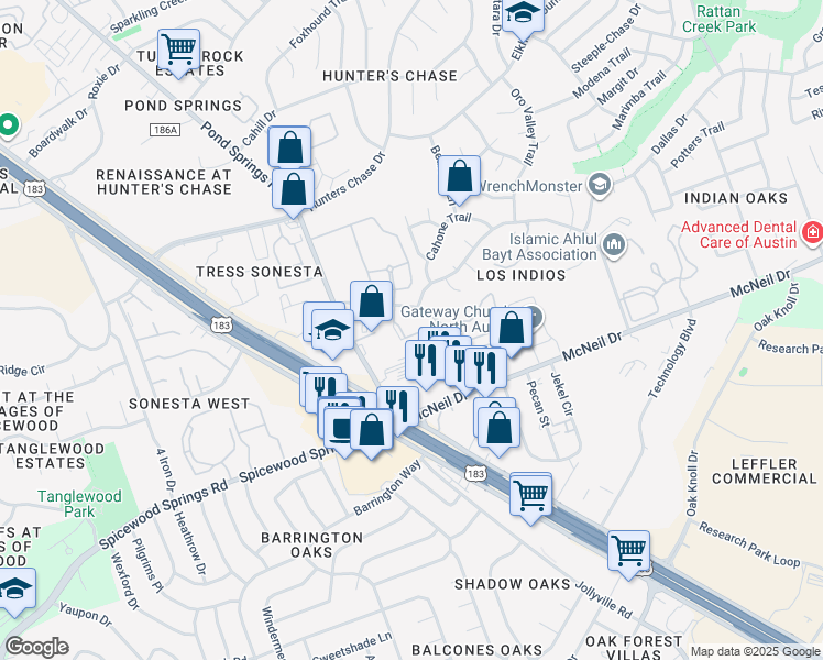 map of restaurants, bars, coffee shops, grocery stores, and more near 7905 San Felipe Boulevard in Austin