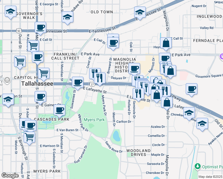 map of restaurants, bars, coffee shops, grocery stores, and more near 836 East Lafayette Street in Tallahassee
