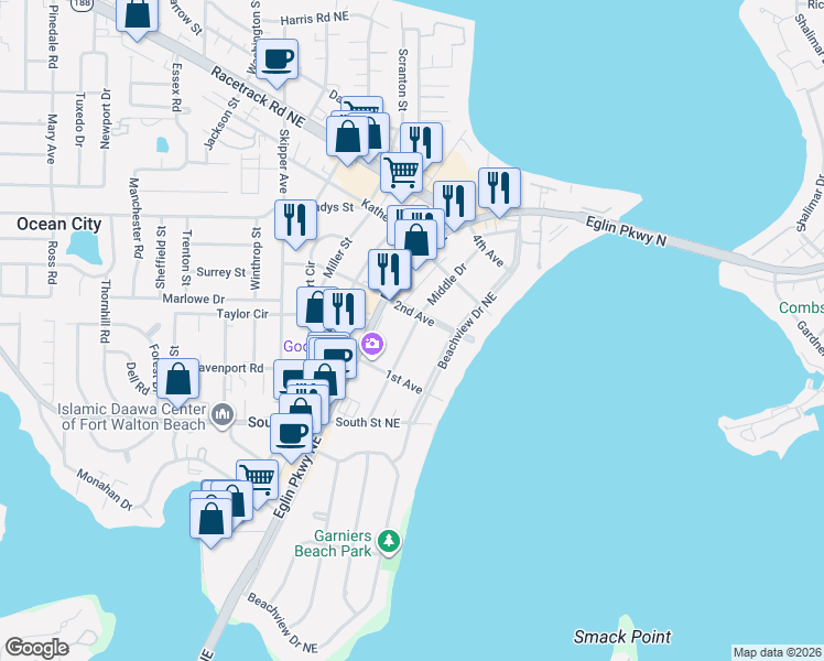 map of restaurants, bars, coffee shops, grocery stores, and more near 918 Middle Drive in Fort Walton Beach