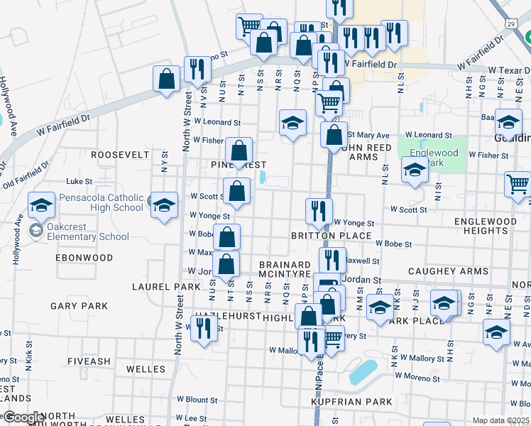 map of restaurants, bars, coffee shops, grocery stores, and more near 2412 North S Street in Pensacola
