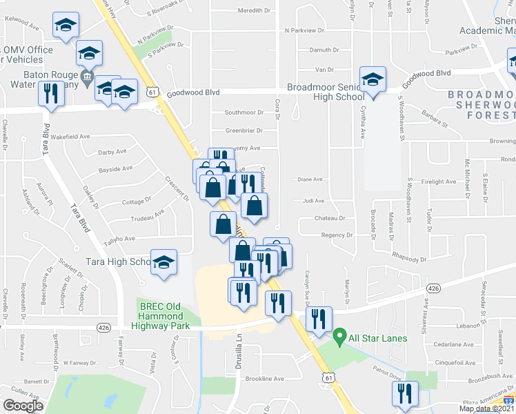 map of restaurants, bars, coffee shops, grocery stores, and more near 1680 Cottondale Drive in Baton Rouge