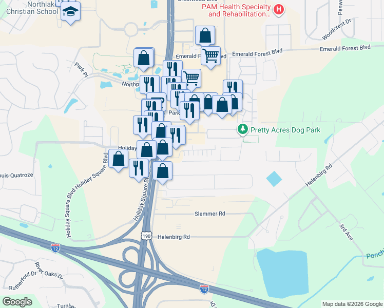 map of restaurants, bars, coffee shops, grocery stores, and more near 53 Hollycrest Boulevard in Covington