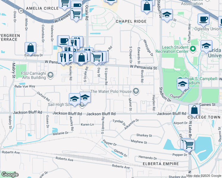 map of restaurants, bars, coffee shops, grocery stores, and more near 301 South Lipona Road in Tallahassee