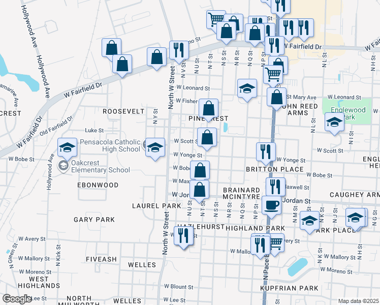 map of restaurants, bars, coffee shops, grocery stores, and more near 2723 West Scott Street in Pensacola